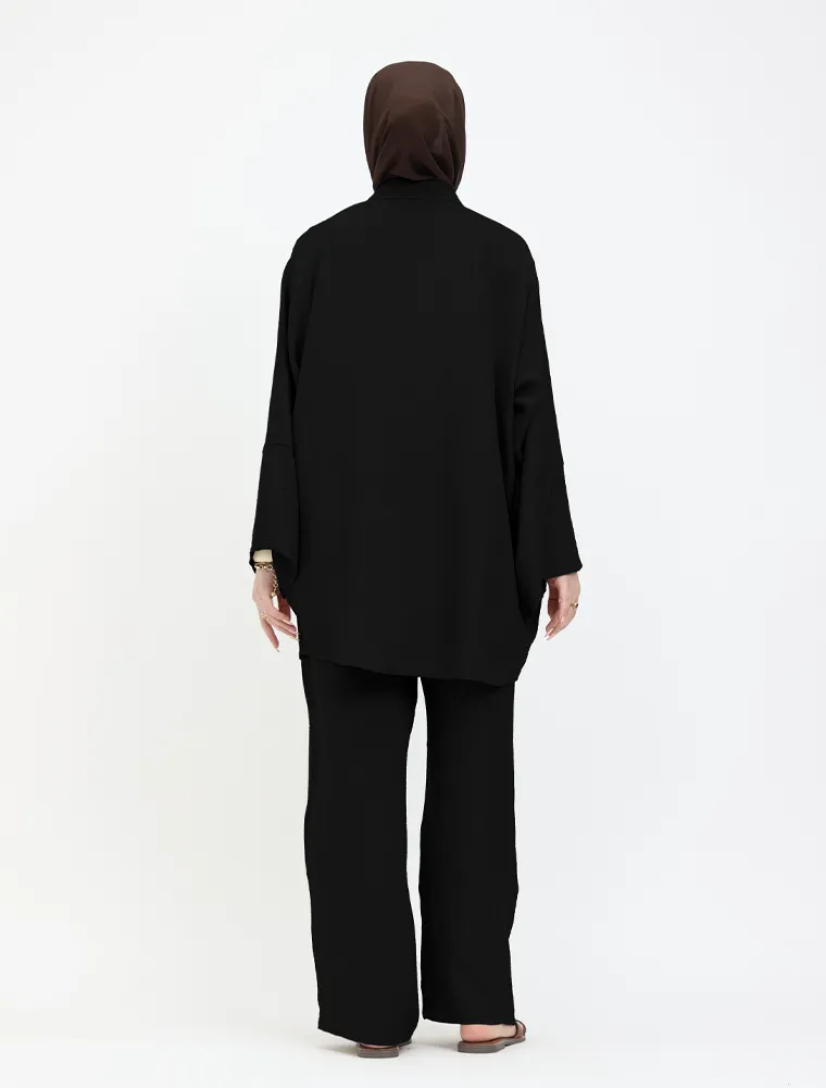 Black Linen Feel Button Detail Co Ord Set